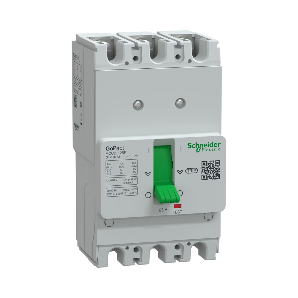 Schneider Electric Circuit Breaker, GoPact MCCB 125, 3 Poles, 30kA at 415VAC, 63A Rating, TMD Trip Unit, Fixed Thermal Protection