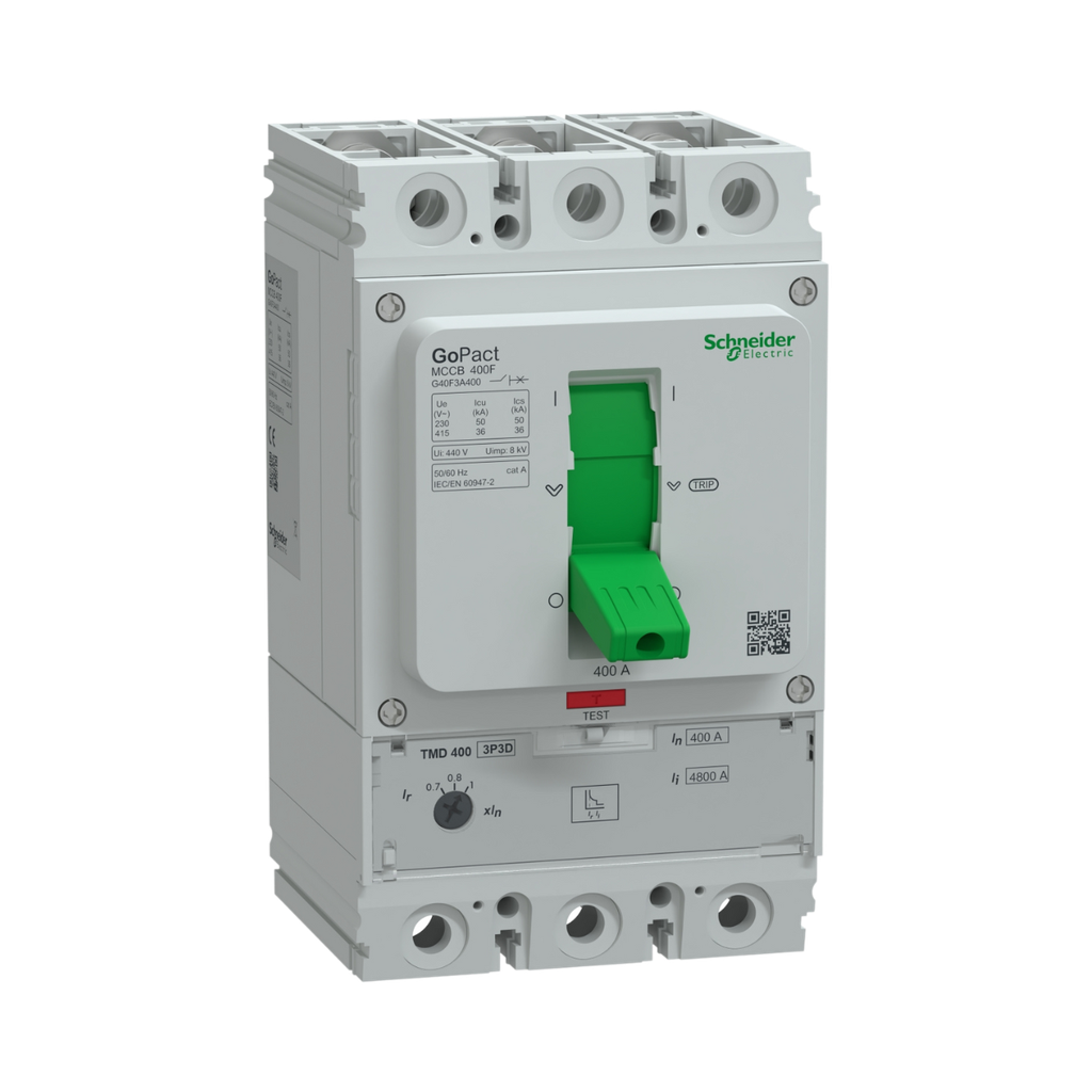 Schneider Electric Circuit Breaker, GoPact MCCB 400, 3 Poles, 36kA at 415VAC, 400A Rating, TMD Trip Unit, Adjustable Thermal Protection