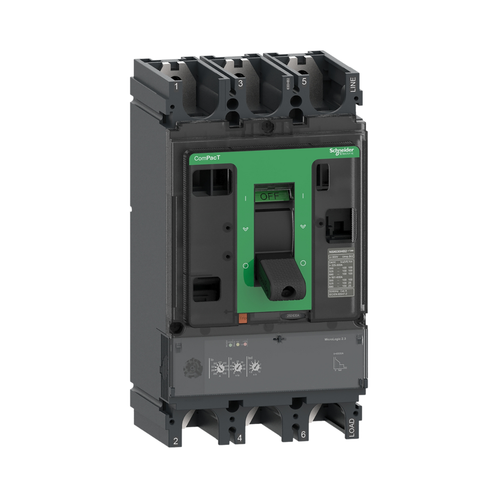 [C63F32D630] Schneider Electric Circuit Breaker, ComPacT NSX630F, 36kA/415VAC, 3 Poles, MicroLogic 2.3 Trip Unit 630A 