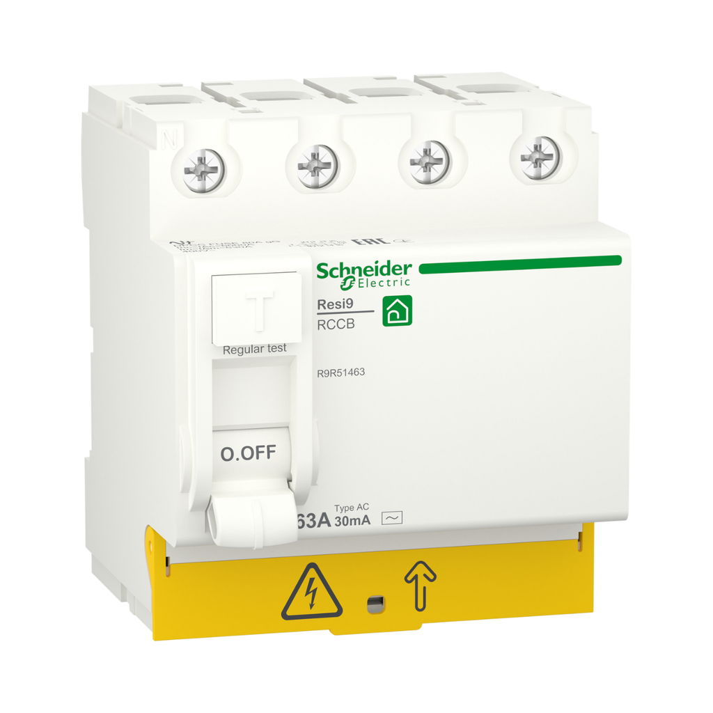 [R9R51463] Schneider Electric Residual Current Circuit Breaker (RCCB), Resi9, 4P, 63A, AC Type, 30mA 