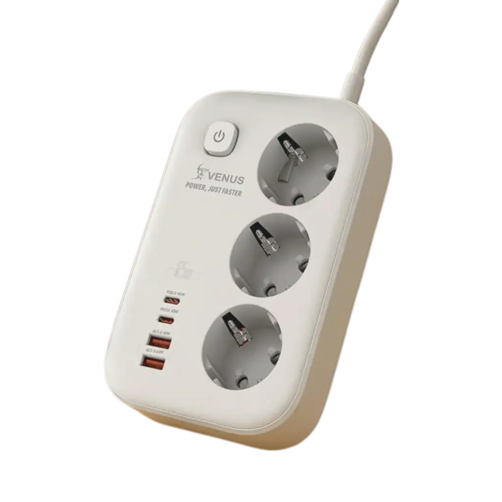 Venus 3 Way Extension Lead 65w + 4 USB Ports Type A and C With Safety Switch and 2 Meters Cable 