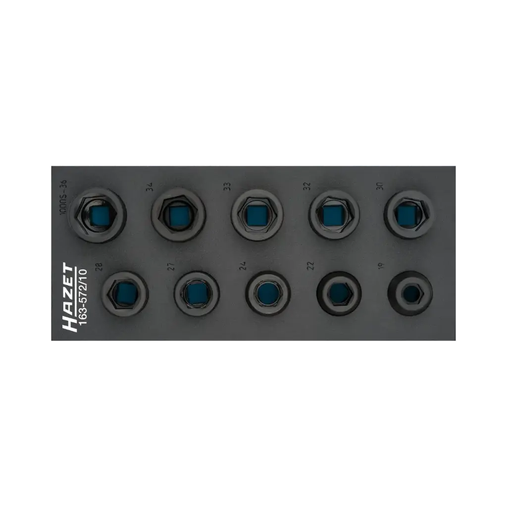 [163-572/10] Hazet Impact Socket Set 1/3+, 10-Pieces 3/4 Inch Square, Hollow, Outside Hexagon Profile