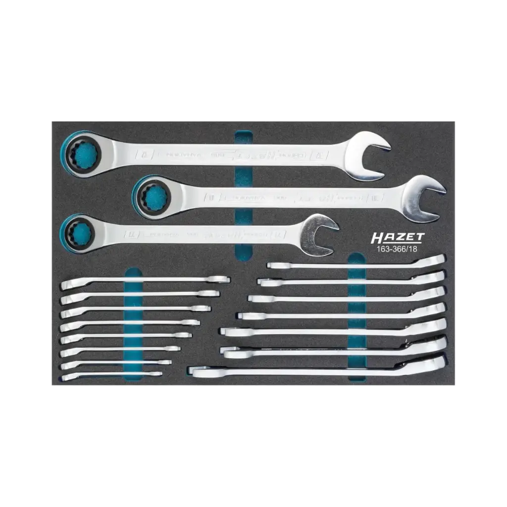 [163-366/18] Hazet Ratcheting Combination Wrench Set 3/3, 18-Pieces, 8-32 Outside 12-Point Traction Profile
