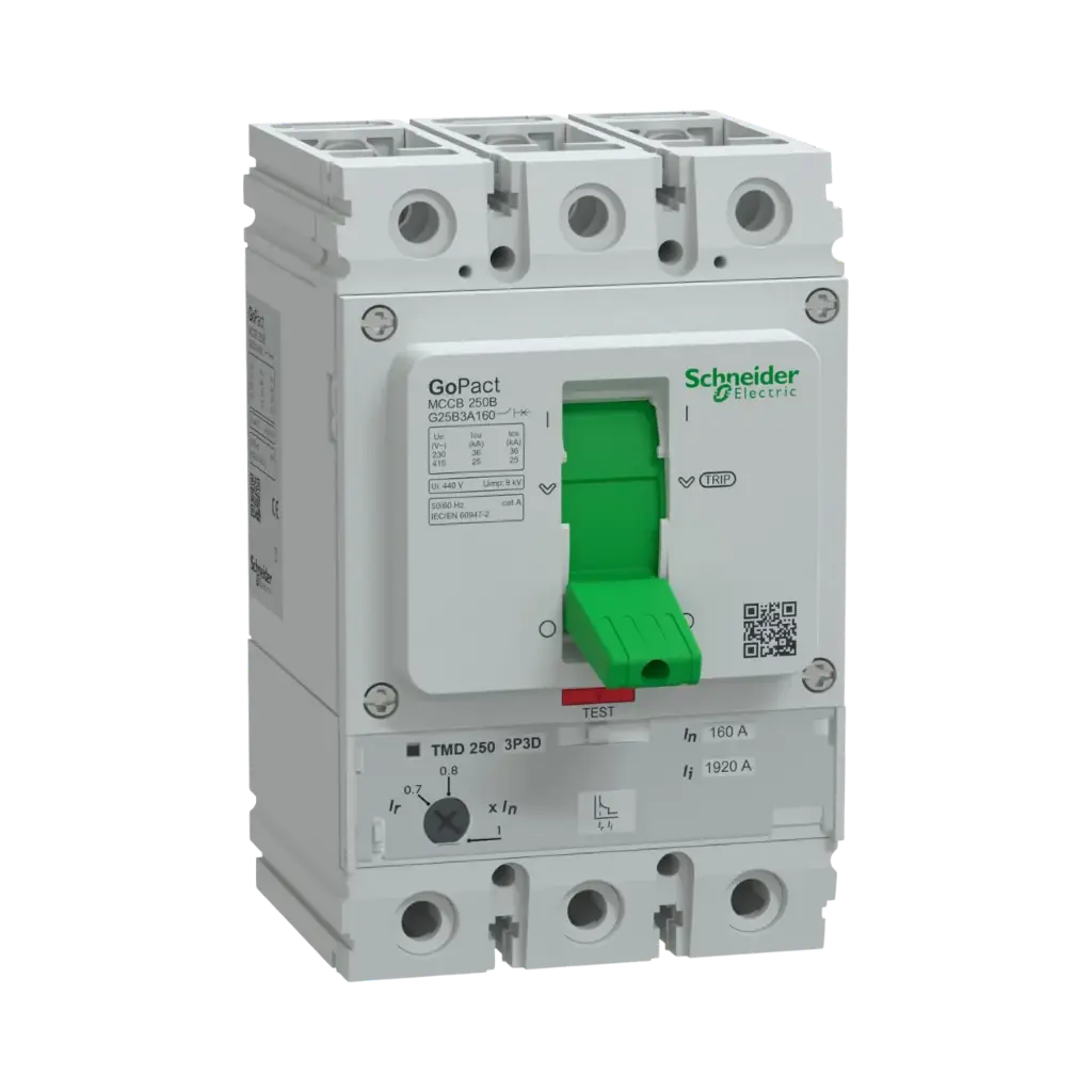 Schneider Electric Circuit Breaker, GoPact MCCB 250, 3 Poles, 25kA at 415VAC, 160A Rating, TMD Trip Unit, Adjustable Thermal Protection