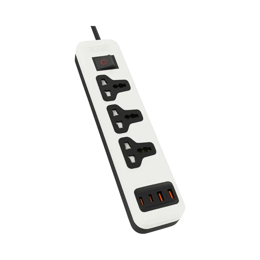 مشترك 3 مخرج يونيفرسال برو + 4 مخارج USB ( 2 مخرج Type A + 2 مخرج Type C ) شحن سريع بفيوز امان وسلك 2 متر اى لوك