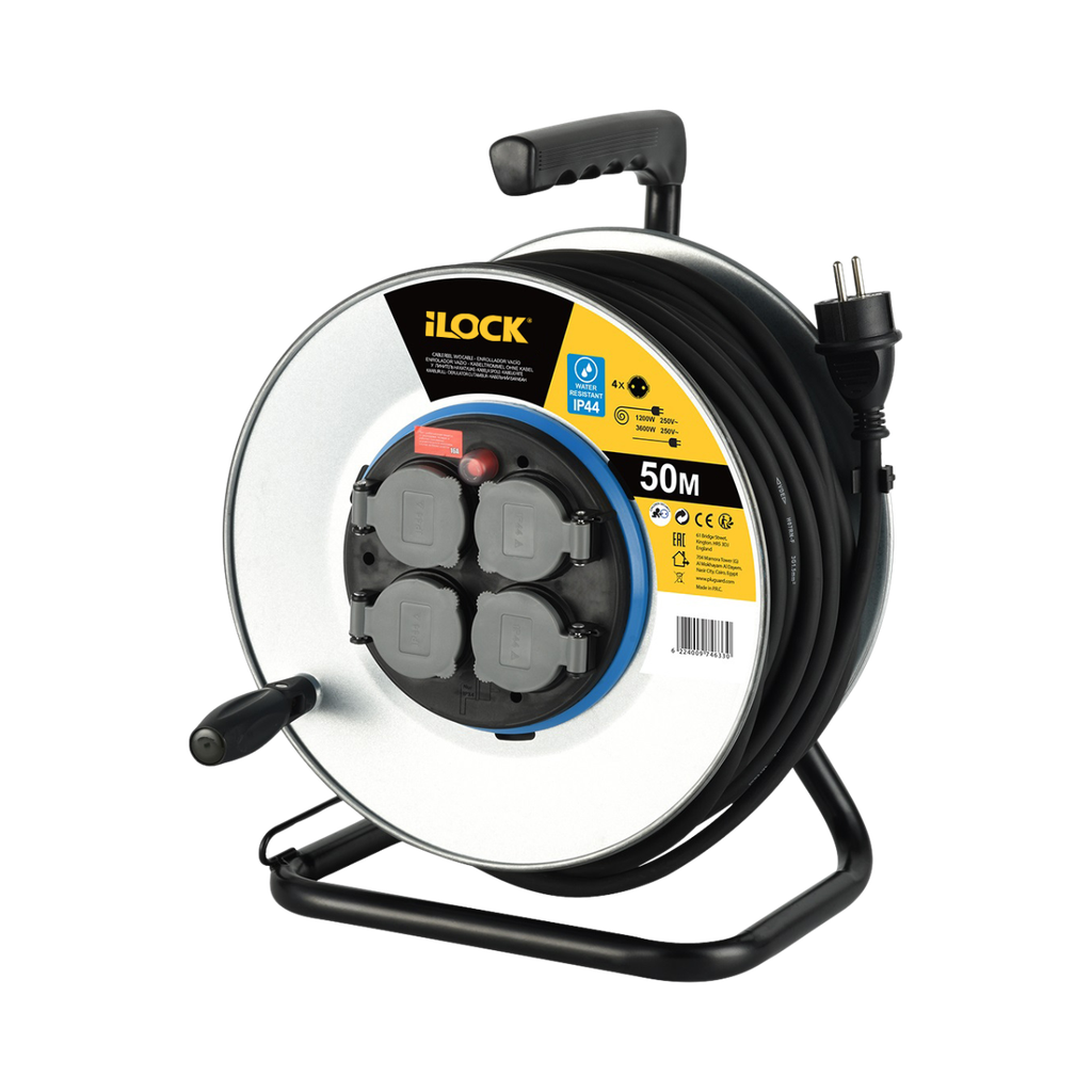 [6224009746330] iLock Aluminium Extension Cable Reel, 4 Schuko Socket 50 Meters Cable Extension Cord