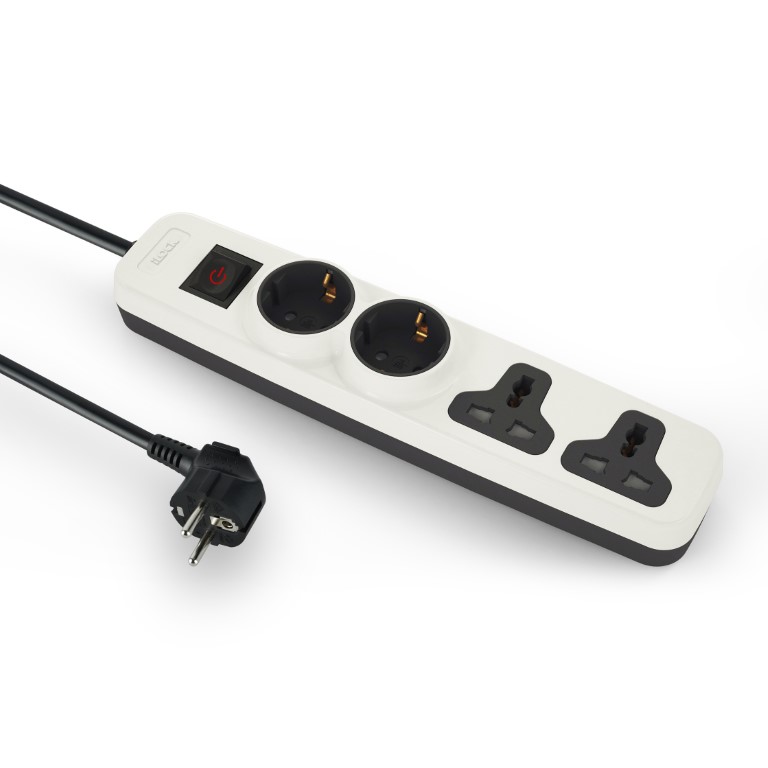 [6224009746514] iLock 4 Outlet Power Strip, 2 Schuko Sockets + 2 Universal Sockets (White)