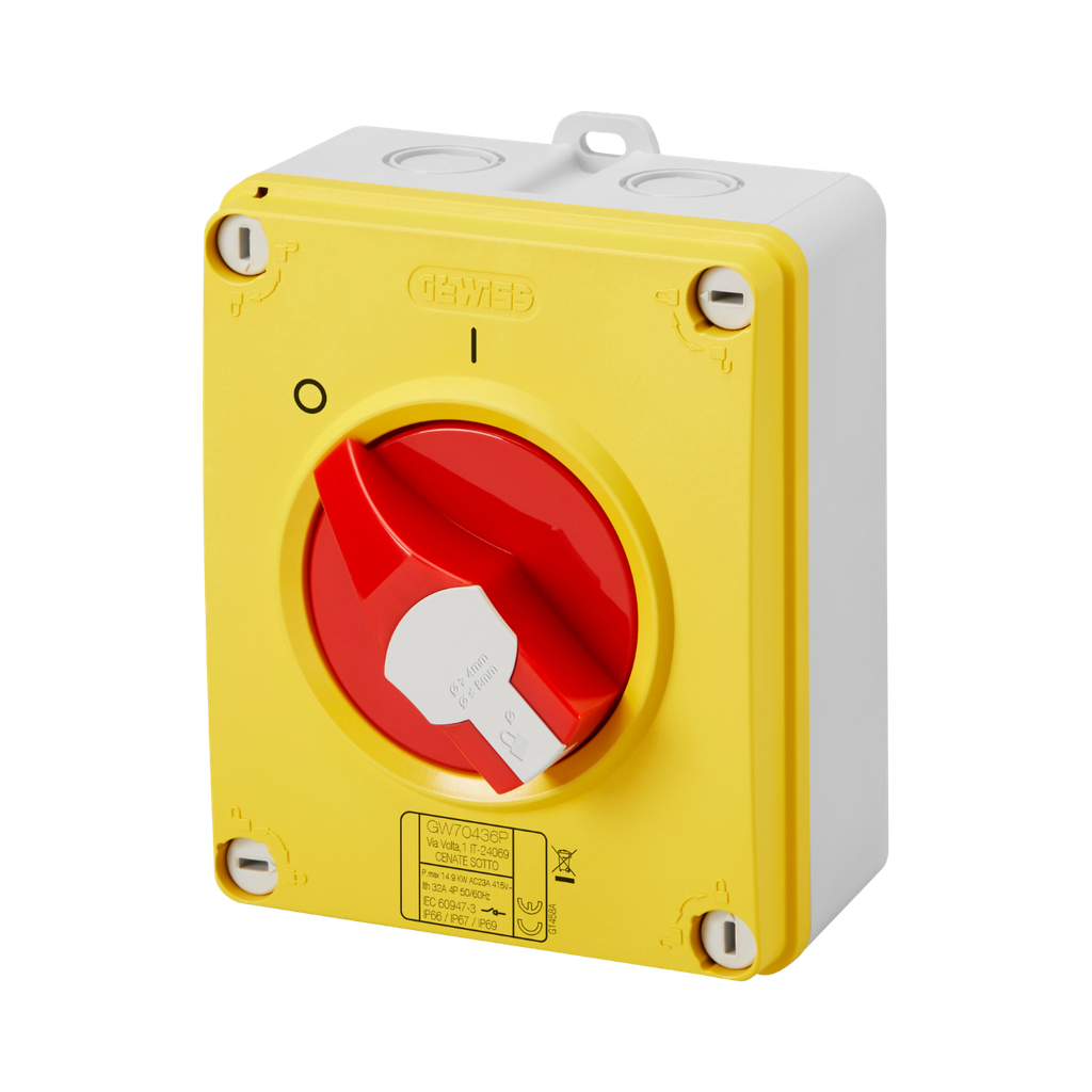 [GW70434P] Gewiss Rotary Isolator Switch - HP - Emergency - Isolating Material Box, 32A 2P, Lockable Red Knob - IP66/67/69